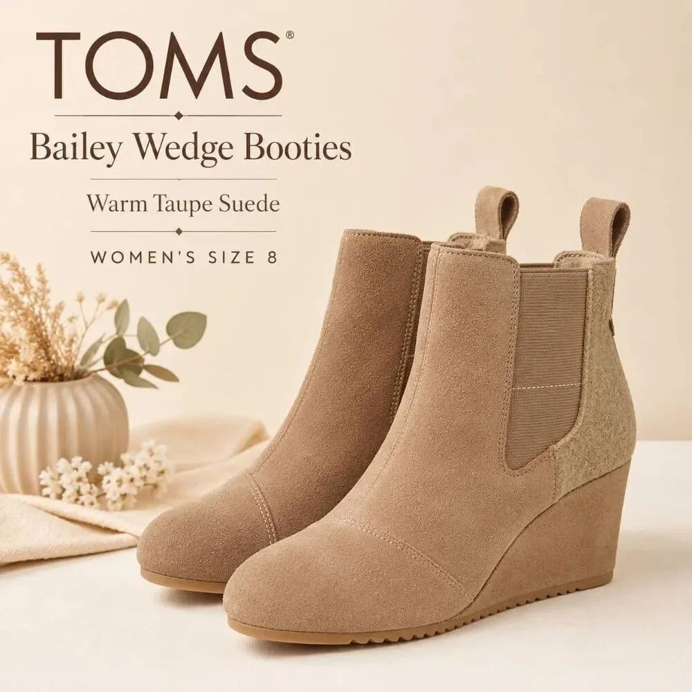 NWT TOMS Bailey Wedge Ankle Booties Warm Taupe Suede Winter Woven Size 8